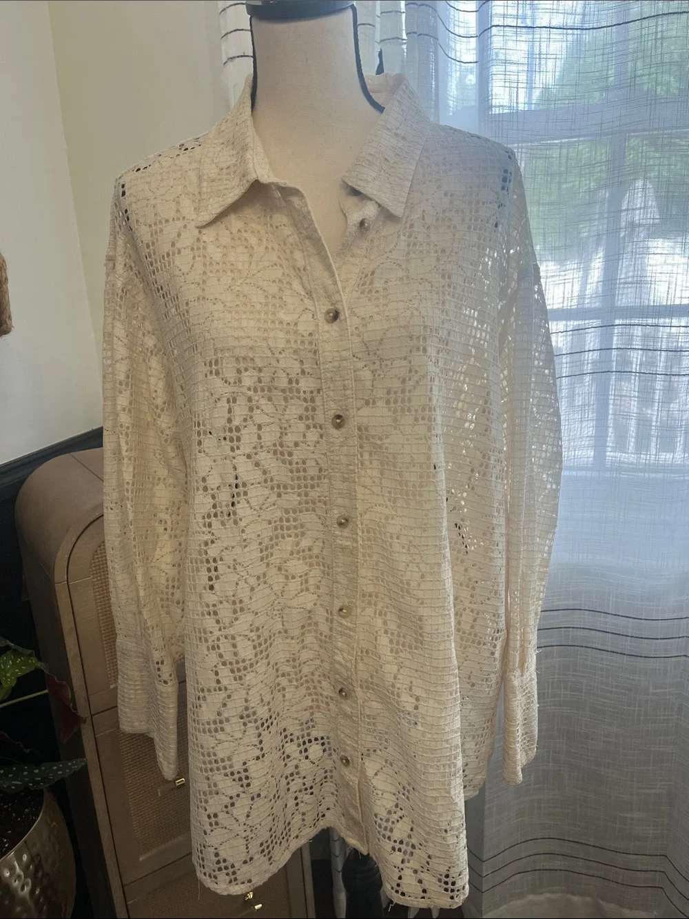 Free People Cream Crochet Button-Down Shirt